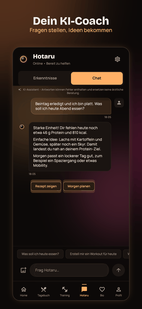 App-Screenshot des Coach-Chats: Auf die Frage nach dem Abendessen schlägt der Coach Lachs mit Kartoffeln und Gemüse vor, um das Protein-Ziel zu erreichen.