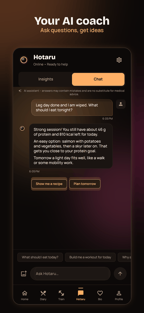 App screenshot of the coach chat: asked what to eat tonight, the coach suggests salmon with potatoes and vegetables to reach the protein goal.