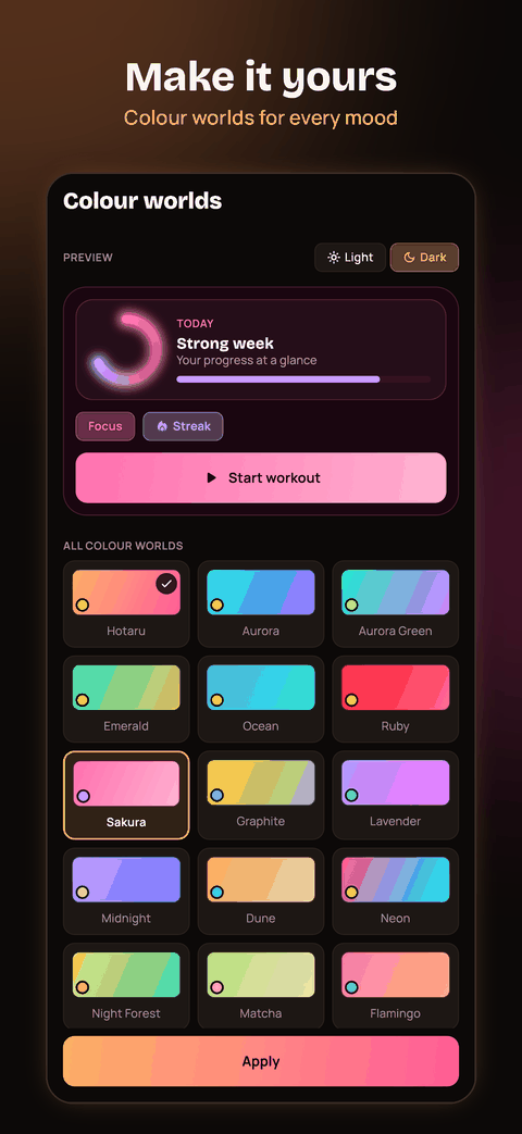 App screenshot of colour worlds: a preview and a selection of colour worlds such as Hotaru, Aurora and Sakura.