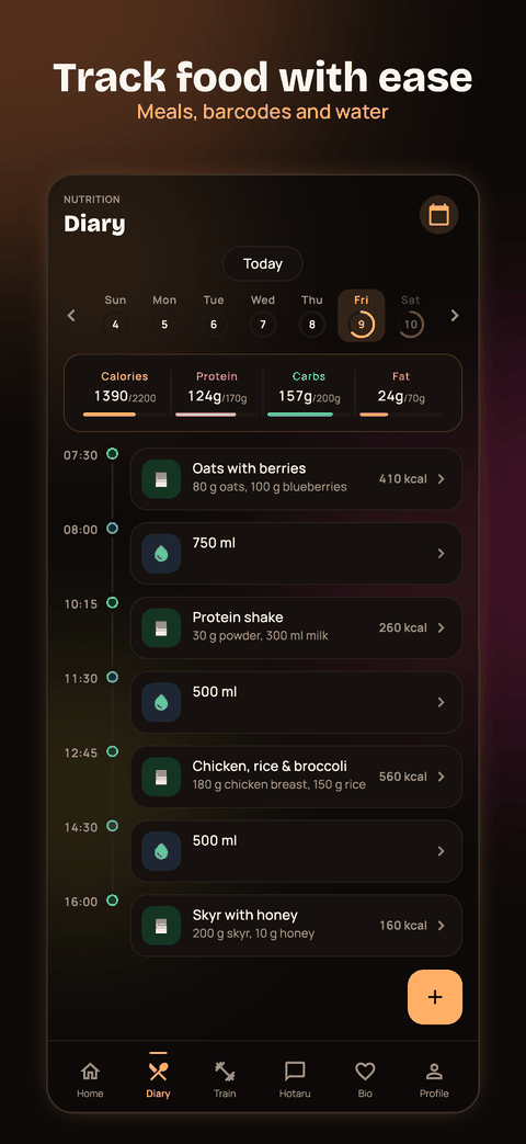 App screenshot of the food diary: week strip, daily macro totals and a timeline of meals and water.